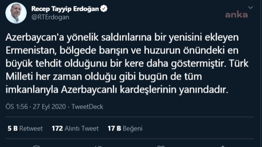 Erdoğan'dan Azerbaycan'a "Türkiye tek millet, iki devlet"